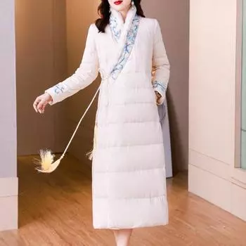 Длинный пуховик с капюшоном в китайском стиле с вышитым воротником-стойкой для женщин M бежевый
