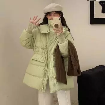 Длинный пуховик с капюшоном, женская зимняя мода 2024 года, милый дизайн, ощущение круглой кнопки, теплая трикотажная куртка с рукавами, прилив S 90-62.5 kg