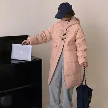 Длинный пуховик с капюшоном, женская зимняя мода 2024 года, сладкая дизайнерская идея, деревянная пряжка-бочонок, утолщенная тонкая куртка до колена S розовый