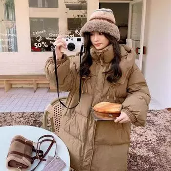 Длинный пуховик с пряжкой-бабочкой, женская новинка 2024 года, свободная модная белая куртка на утином пуху в иностранном стиле S size 90-60kg белый