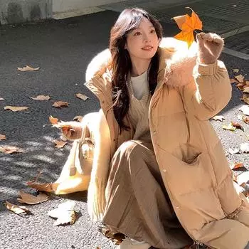 Длинный пуховик с воротником из лисьего меха, женская зимняя куртка 2024 года, утолщенная китайская куртка выше колена с иностранным газом S