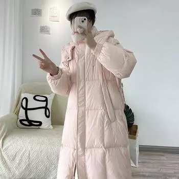 Длинный пуховик с высокой посадкой из белого утиного пуха, женский, 2024, новый, утолщенный, с капюшоном, теплый, свободный, выше колена S