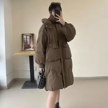Длинный пуховик с высокой талией, женская зимняя мода 2024 года, с капюшоном, утепленная белая куртка на утином пуху до колена S
