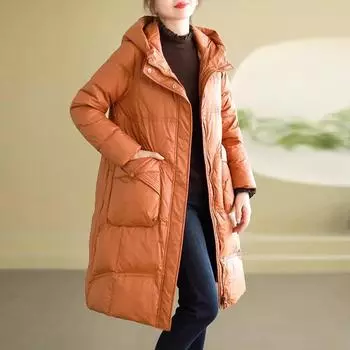 Длинный пуховик в стиле ретро с пряжкой, женский, зимняя утепленная куртка с капюшоном, свободный дизайн, до колена, большой размер, куртка прилива M оранжевый