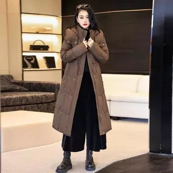 Длинный пуховик женский 2024 года, зимняя мода с капюшоном, легкий, роскошный, теплый, до колена, белый, тонкий, на утином пуху, пальто прилив M