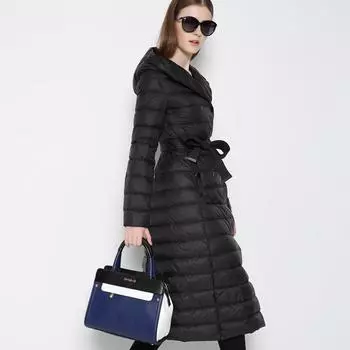 Длинный пуховик женский 2024 зима новый легкий с капюшоном приталенный теплый двубортный пояс куртка прилив S серый