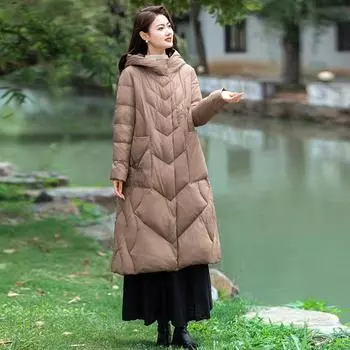 Длинный пуховик женский 2024 зима новый утолщенный ретро вышитый большой размер теплая куртка до колена M хаки