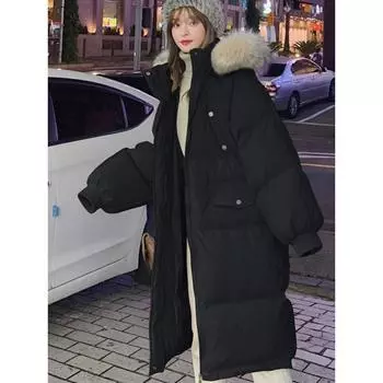 Длинный пуховик женский новый средний и длинный хлопковый жакет утолщенный и свободный с капюшоном S