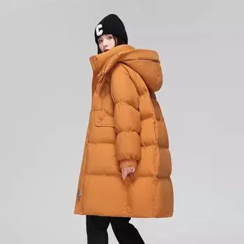 Длинный пуховик женский пальто 2024 зима новая мода с капюшоном свободный утолщенный белый утиный пух пальто до колена прилив S