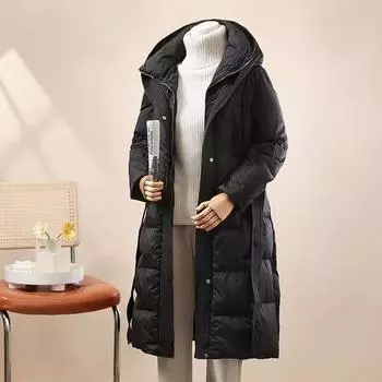 Длинный пуховик женский с капюшоном утолщенный до колена тонкий пояс белый утиный пух 2024 европейская зимняя новинка пальто M белый