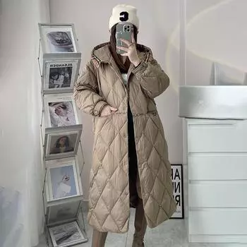 Длинный пуховик женский теплый сетчатый с капюшоном 2024 новый белый утиный пух с длинными рукавами зимнее пальто S чёрный