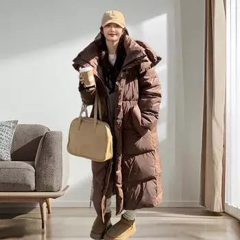 Длинный пуховик женский толстый белый утиный пух с капюшоном однотонный пуховик One Size чёрный