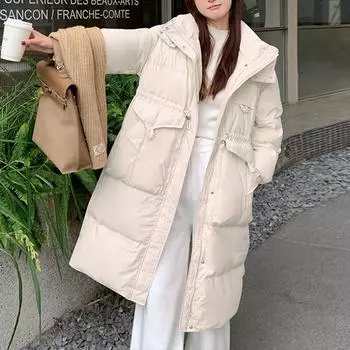 Длинный пуховик женский толстый белый утиный пух с капюшоном однотонный пуховик One Size чёрный