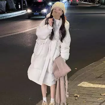 Длинный пуховик женский зима 2024 новая мода выше колена утолщенный контрастный цвет белый утиный пух большой стеганый хлеб одежда прилив One size