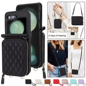 Длинный ремешок через плечо, кожаный кошелек, чехлы для телефонов с картами для Samsung Galzxy Z Flip 5 4 3 Flip5 Flip4 Flip3, чехол с держателем на запястье Samsung Z Flip 3 чёрный