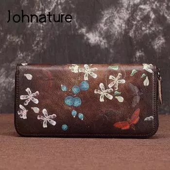 Длинный роскошный кошелек Johnature из натуральной кожи, женские кошельки и кошельки в стиле ретро, новинка 2021 года, кошелек из воловьей кожи, кошелек для телефона коричневый