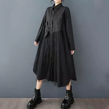 Длинный рукав Большие размеры хлопковая сетка винтажные новые платья для женщин повседневные свободные весна осень рубашка платье белый