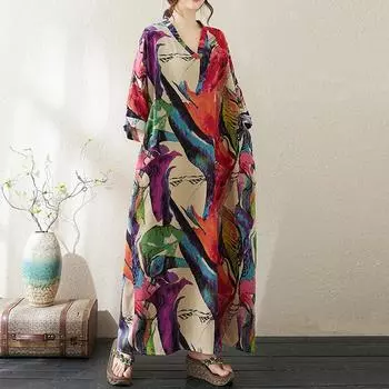 Длинный рукав Большие размеры хлопок лен винтаж новые платья для женщин повседневные свободные макси длинное платье весна осень