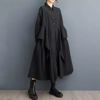 Длинный рукав Большие размеры хлопок винтажные оборки новые платья для женщин повседневные свободные весна осень рубашка платье чёрный