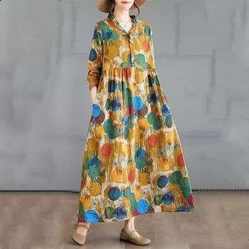 Длинный рукав Большие размеры хлопок винтажный цветочный новый в платьях для женщин повседневный свободный весенне-летний осенний платье L