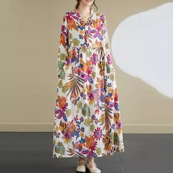 Длинный рукав Большие размеры хлопок винтажный цветочный новый в платьях для женщин повседневный свободный весенне-летний осенний платье L