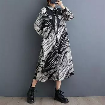 Длинный рукав Большие размеры Шифон винтажные новые платья для женщин повседневное свободное платье-рубашка весна-осень