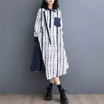 Длинный рукав Большие размеры винтажные новые платья для женщин повседневное свободное длинное платье весна-осень синий