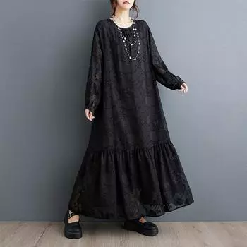 Длинный рукав Большие размеры жаккард винтажный цветочный новинка платья для женщин повседневное свободное платье весна-осень чёрный