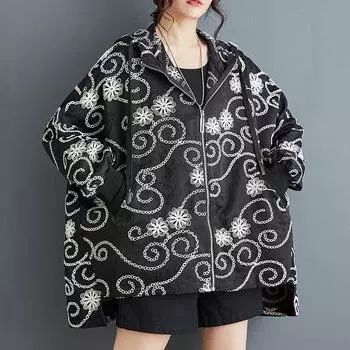Длинный рукав большого размера черный с капюшоном Винтажный цветочный повседневный свободный куртка осень-весна пальто женские топы