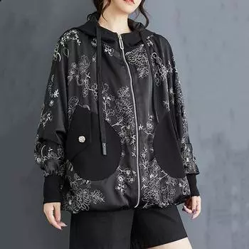 Длинный рукав большого размера с капюшоном Винтажная цветочная повседневная свободная куртка Осень-Весна Пальто для женщин Верхняя одежда