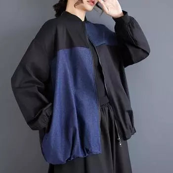 Длинный рукав большого размера Винтаж Пэчворк повседневная свободная куртка Осень Весна Пальто для женщин Верхняя одежда чёрный