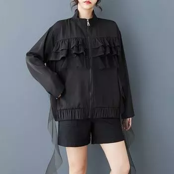 Длинный рукав большого размера Винтажная повседневная свободная куртка осень-весна Пальто женские топы чёрный