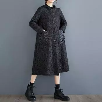 Длинный рукав большого размера жаккардовый винтажный с капюшоном повседневный свободный плащ осень-весна для женщин Верхняя одежда чёрный