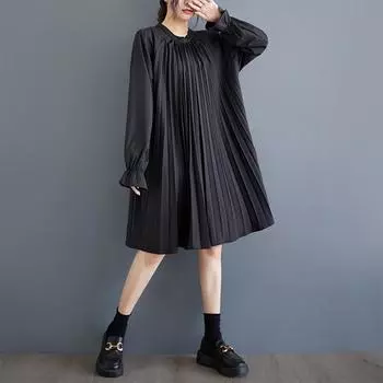 Длинный рукав Большой размер черный хлопок винтажный новый в платьях для женщин повседневный свободный весна осень миди платье