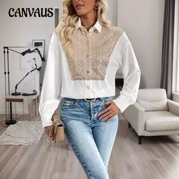 Длинный рукав кардиган топы осень женская рубашка с лацканами пайетки S белый