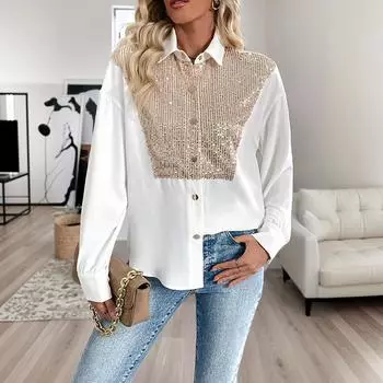 Длинный рукав кардиган топы осень женская рубашка с лацканами пайетки S белый