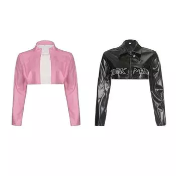 Длинный рукав кожаное пальто Y2k мотоциклетная куртка уникальные укороченные куртки для женщин S розовый