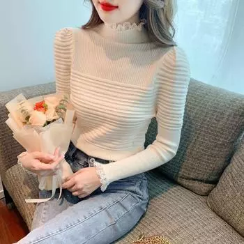 Длинный рукав кружевной верхняя одежда вязаный свитер для женщин топ и базовая рубашка S абрикосовый