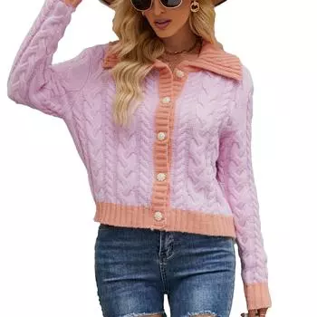 Длинный рукав на пуговицах цветной блок свитер женский осень зима отложной воротник косичка вязка открытый M фиолетовый