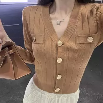 Длинный рукав, наружный вязаный кардиган, женский свитер, куртка, осенний V-образный вырез, облегающий короткий топ, длинный рукав, повседневная облегающая одежда на пуговицах 1640 One Size молочный белый
