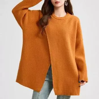 Длинный рукав нерегулярный разрез вязаный свитер для женщин модный винтажный свободный зимний повседневный пуловер женские свитера куртки топы круглый вырез трикотаж 25253 One Size оранжевый