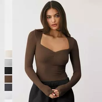 Длинный рукав нижняя рубашка модная облегающая футболка квадратный вырез сексуальный женский топ S