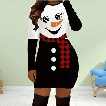 Длинный рукав облегающее 3D игривое снеговик красочный блестящий принт платье женские мини платья осень обтягивающие эластичные вечерние платья XS синий