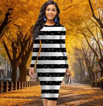 Длинный рукав, облегающее, офисное, облегающее, с горизонтальными полосками, с принтом в виде сердечек, элегантное облегающее платье XS красный