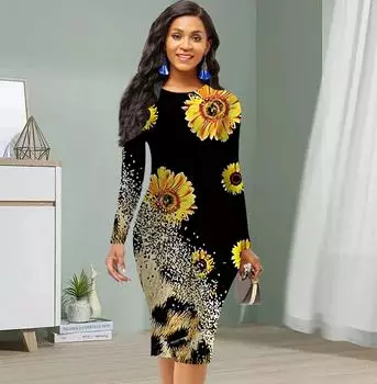 Длинный рукав, облегающее, офисное, облегающее, с леопардовым принтом, с цветочным принтом, элегантное облегающее платье XS жёлтый