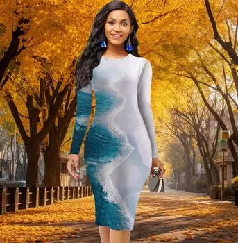 Длинный рукав, облегающее, офисное, облегающее, с постепенным принтом морской воды, элегантное облегающее платье XS красный