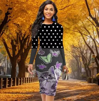 Длинный рукав, облегающее, офисное, облегающее, с принтом в горошек, бабочки, кошки, элегантное облегающее платье XS красный