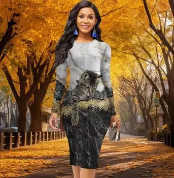 Длинный рукав, облегающее, офисное, облегающее, с принтом кота, элегантное облегающее платье XS жёлтый