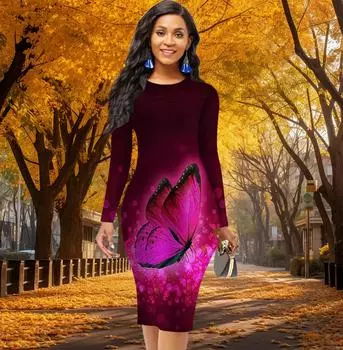 Длинный рукав, облегающее, офисное, облегающее, с принтом сверкающих бабочек, элегантное облегающее платье XS жёлтый