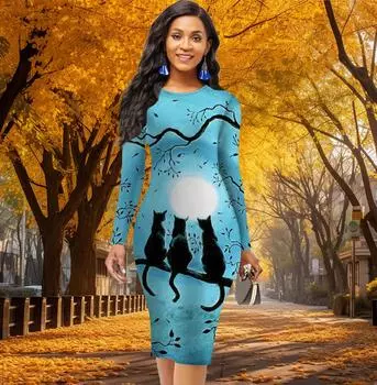 Длинный рукав, облегающее, офисное, облегающее, с принтом «Три кошки на Луне», элегантное облегающее платье XS жёлтый